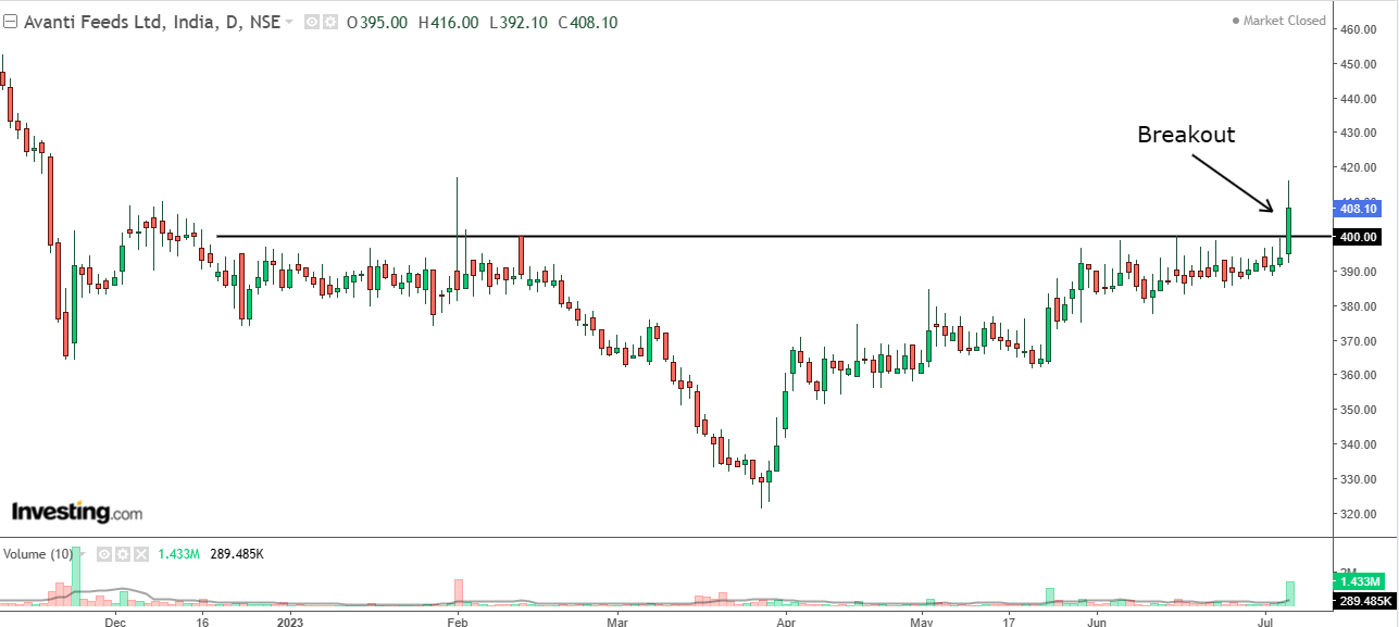 Daily chart of Avanti Feeds with volume bars at the bottom