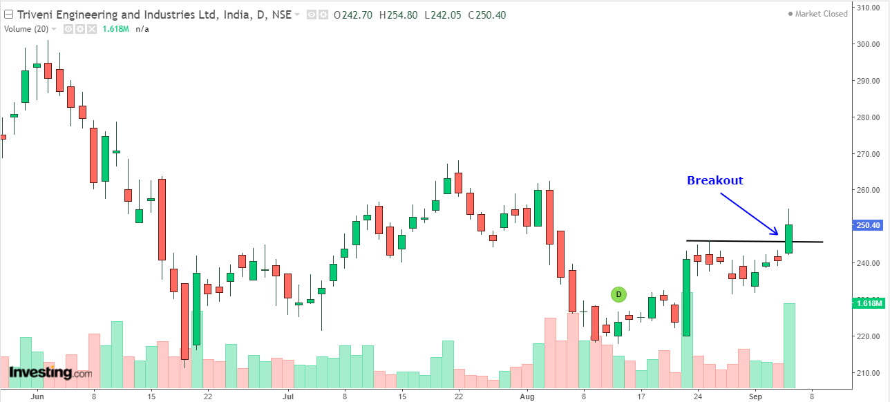Daily chart of Triveni Engineering and Industries with volume bars at the bottom
